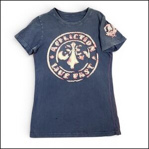 Affliction Live Fast T Shirt Womens L Y2K Blue Graphic Grunge Patchwork Spellout